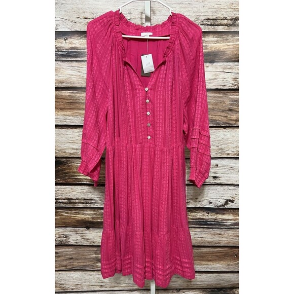 J. Jill Womens Plus Size 3X Pink Dress Ruffle Smocked Long Sleeve New Midi - Picture 1 of 11